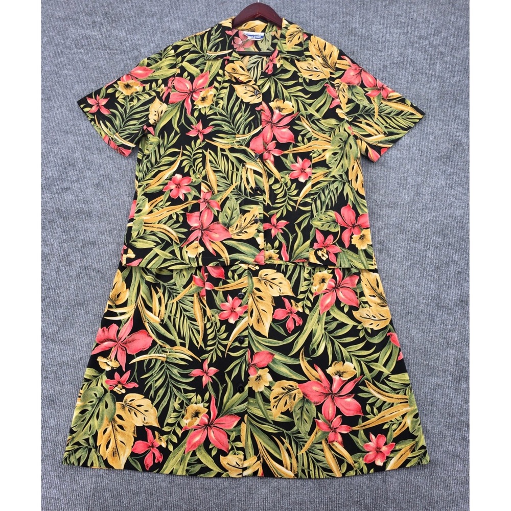 Pendleton Vintage Tropical Floral 2 Piece Set Shirt & Skirt Black Pink Sz 16